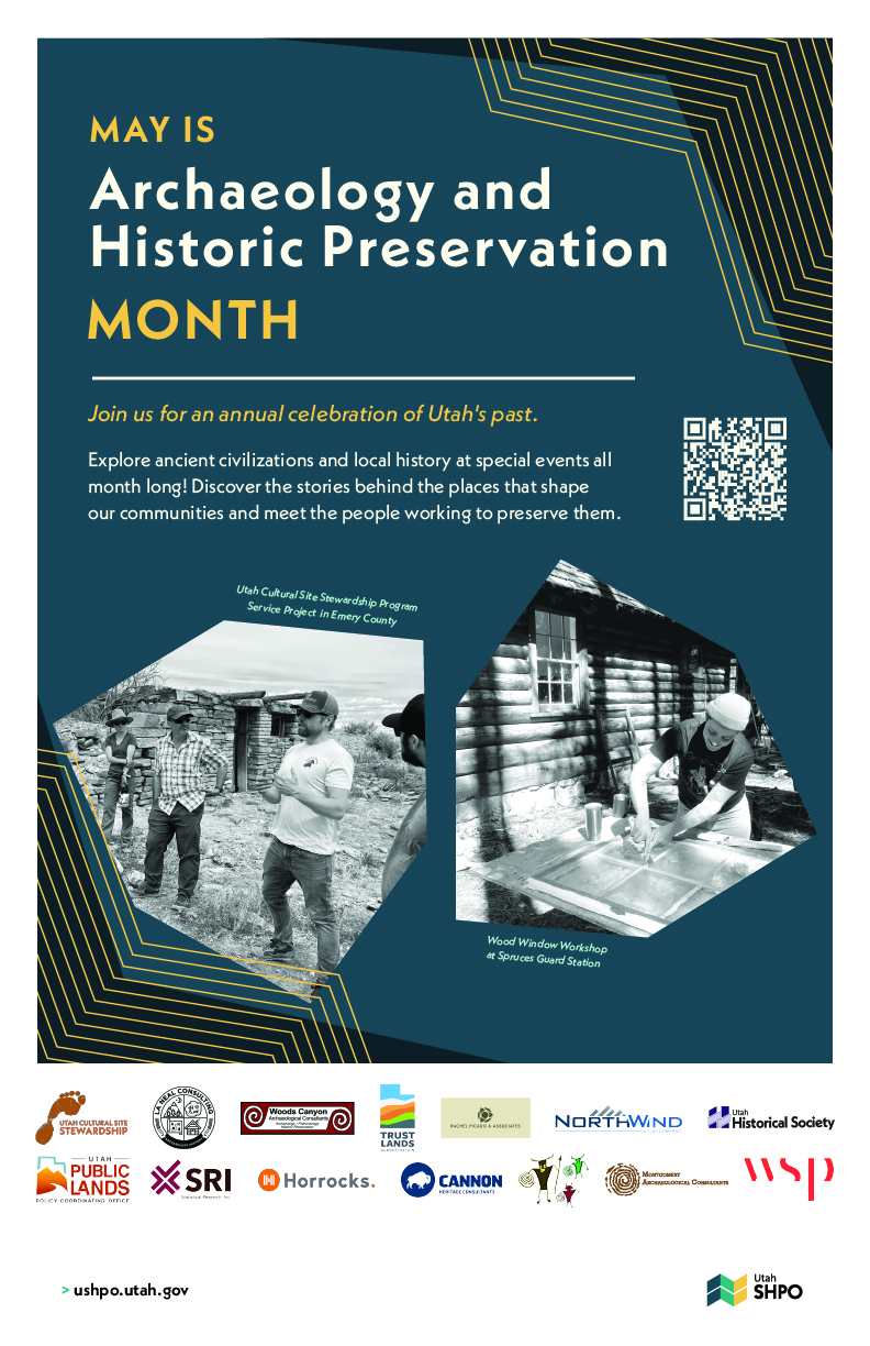 Poster with teal background, text, and photos promoting Archaeology and Historic Preservation Month
