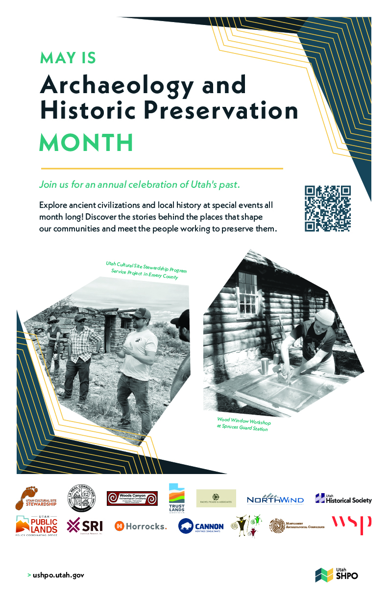 Poster with white background, text, and photos promoting Archaeology and Historic Preservation Month