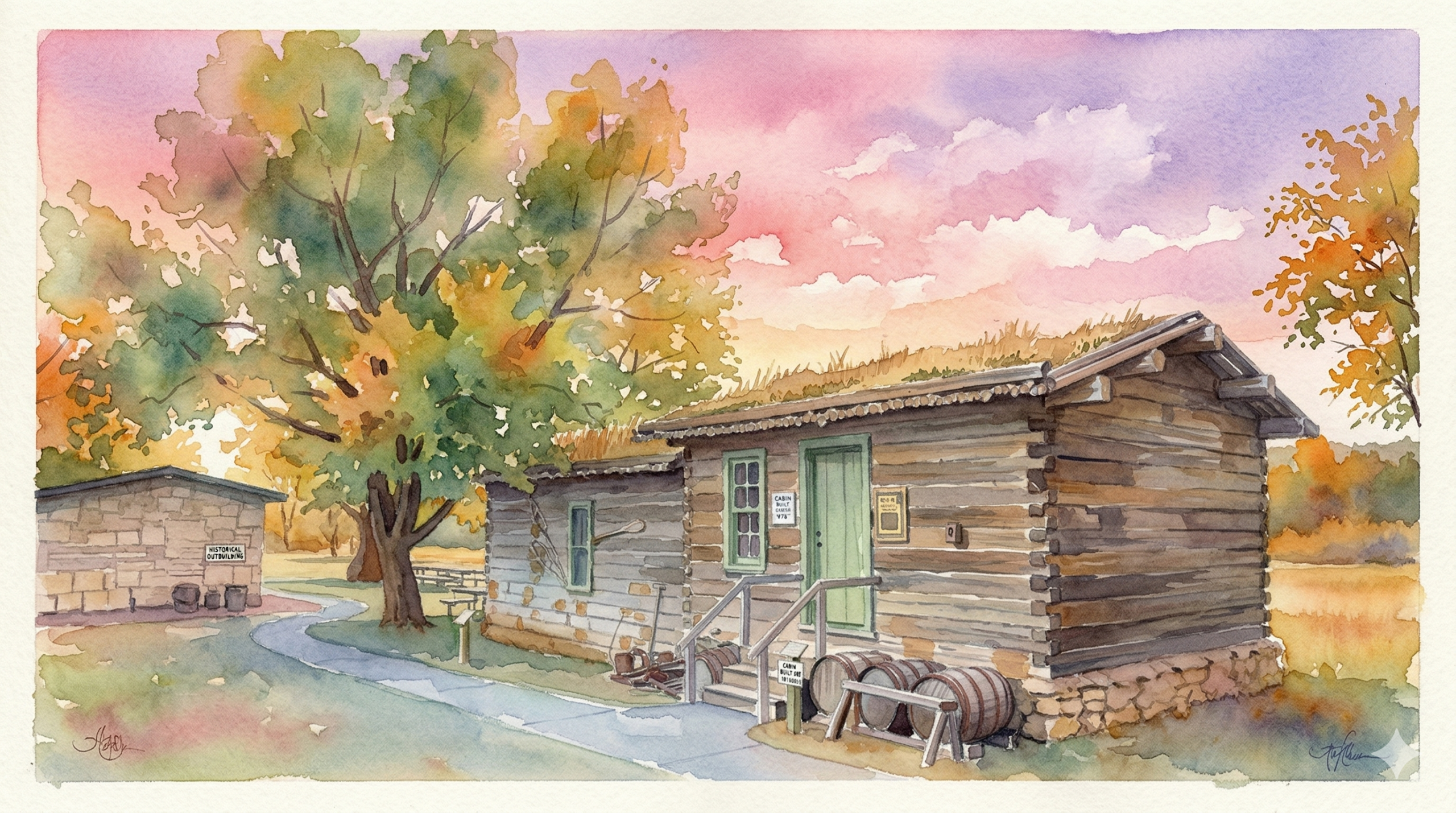 A watercolor painting on paper with deckled edges depicts a rural landscape with historical log and stone buildings under a sunset sky of pink and purple.