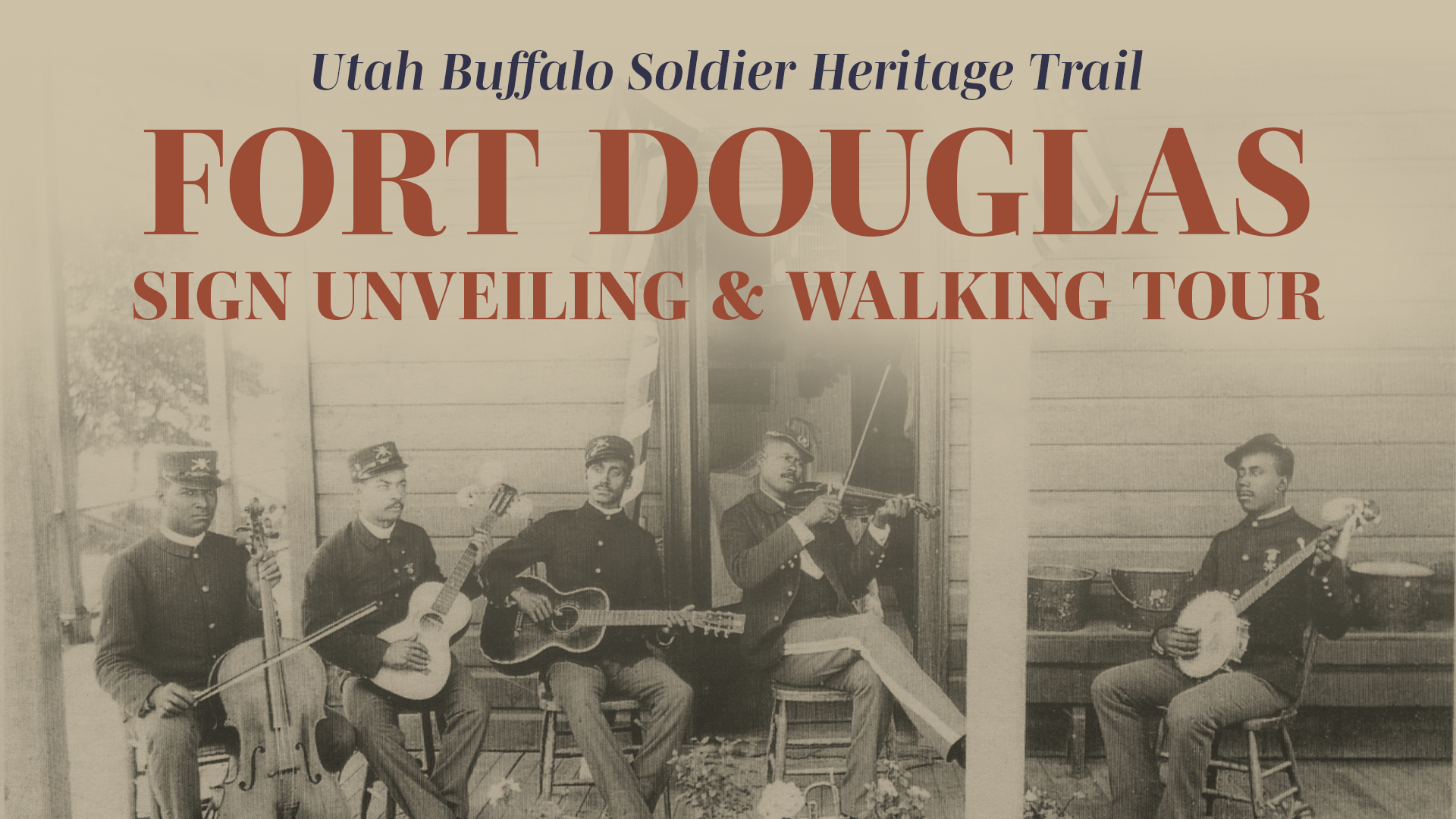 Five men in uniform seated on a porch, playing musical instruments at Fort Douglas.