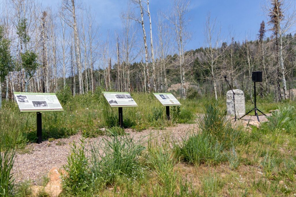 Three informational signs and a stone marker stand on a trail in a grassy, wooded area.